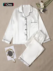 Women's Casual Fitted Long Sleeve Button-Up Top & Elastic Waist Pants Set, Soft Fabric All-Season Home Wear, Pajamas, Comfortable Two-Piece Loungewear Outfit
