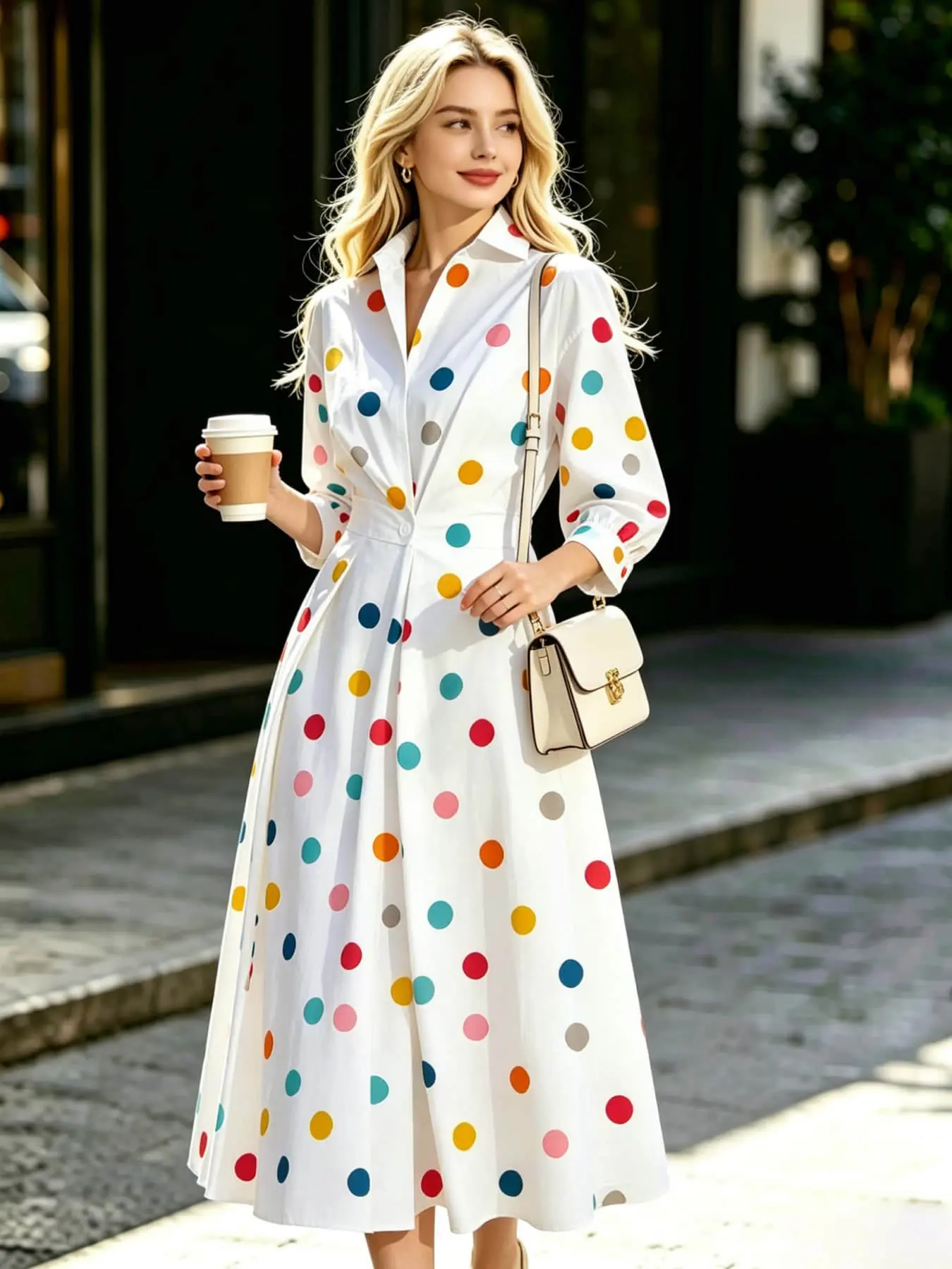 A fashionable, stylish and Chic Casual wear lapel lined dress with loose waist and slimming mid length skirt, suitable for commuting and vacation in all seasons, suitable for weekends, cafes, city outings, short trips, spring picnics, art museums