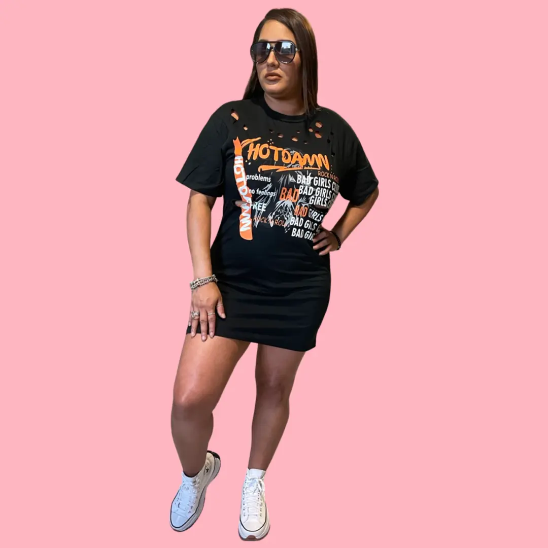 Hot Damn Graphic Laser Cut T-Shirt Dress