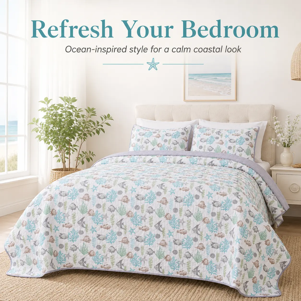 Ocean Coral Quilt Set 100% Polyester Coastal Bedding Set with Fish & Coral Print Lightweight Quilted Bedspread with Pillow Sham for Twin & King Size