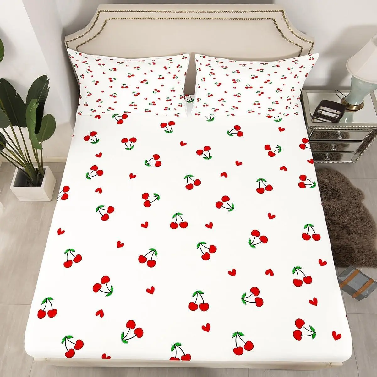 Kids Red Cherry Fitted Sheet ,Cherry Pattern Bed Sheet Set Boys Girls Cute Fruit Bedding Set Kawaii Cartoon Fruit Teens Bed Cover Room Decor Lightweight Bed Set (No Flat Sheet)