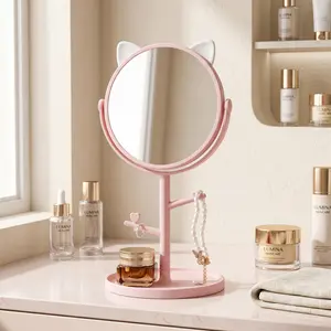 Cute Cat Ear Vanity Mirror with Jewelry Tray – 360° Rotating Desktop Makeup Mirror for Skincare, Makeup & Bedroom Decor, Kawaii Beauty Organizer Gift for Girls