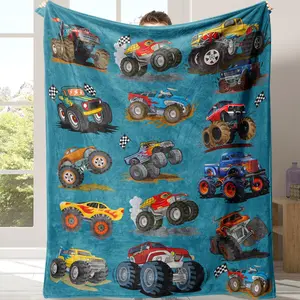 Monster Truck & Train Pattern Blanket, 1 Count Soft Comfortable Throw Blanket, Warm Napping Blanket For Home Office Travel Camping