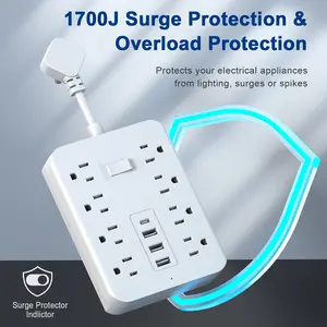 Surge Protector Power Strip with 8 Widely Outlets 3USB Ports 1 type-c, Flat Plug, Wall Mount
