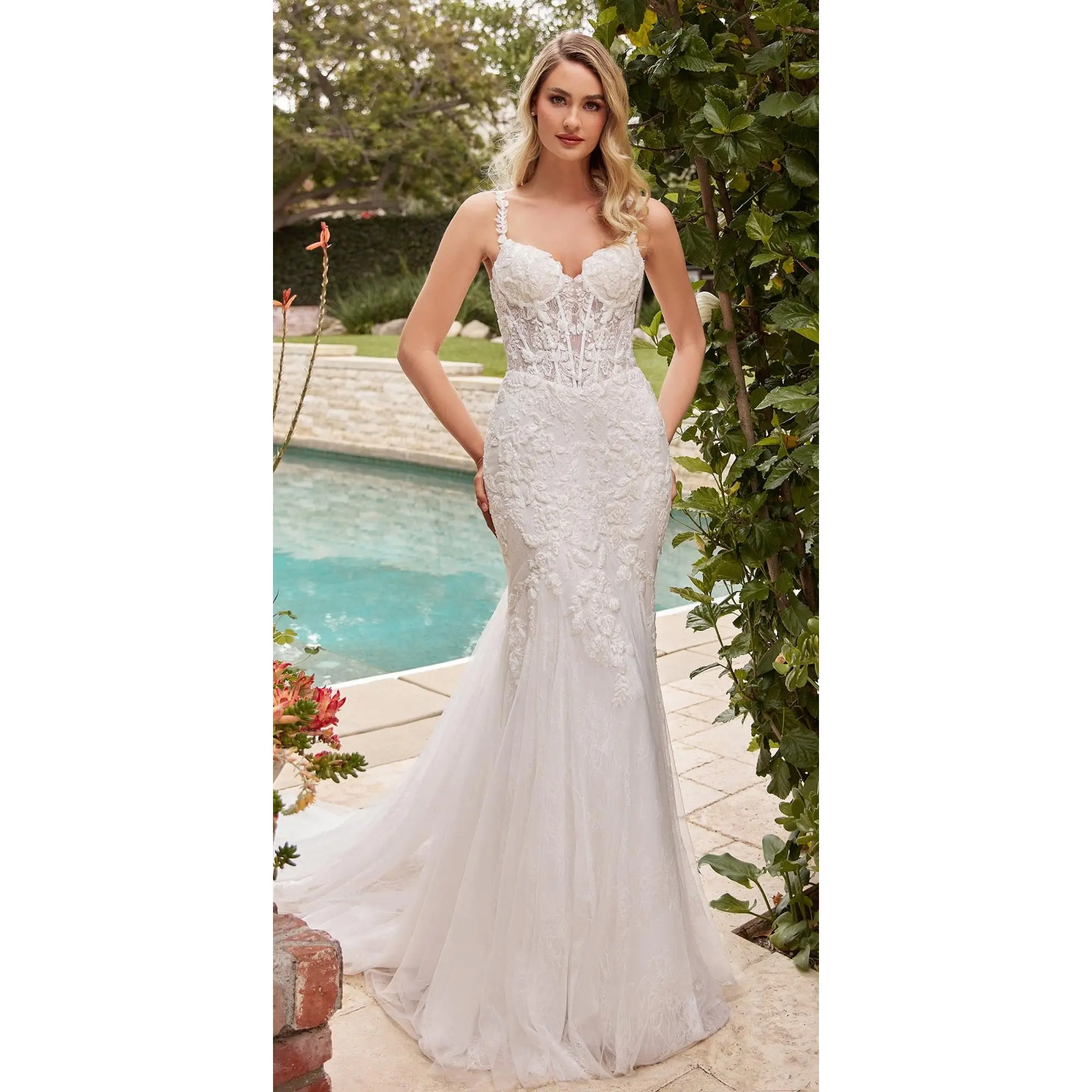 Ladivine CDS432W Women's Corset Mermaid Wedding Dress - Sleeveless, Spaghetti Straps, Fitted Bridal Gown for Traditional Chapel Weddings, Soft Light Tulle Overlay, Chantilly Lace, Floral Accents, Zipper, Prom, Elegant, Beads, All Seasons, Back Zipper, Mid