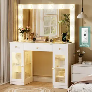 Pamapic Makeup Vanity with Mirror and 12 LED Bulbs, Glass Top Vanity Desk with Power Outlet, 3 Drawers and 2 Cabinet, White Vanity for Bedroom, Dressing Table 3 Lighting Modes Brightness Adjustable