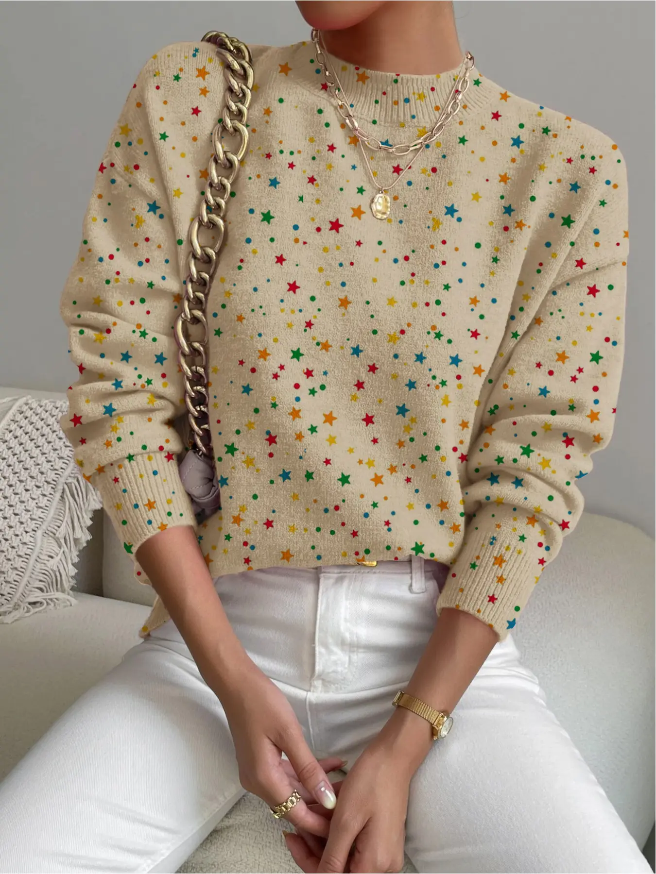 Women's Star Print Stand Collar Sweater, Fall Winter Casual Long Sleeve Fashion Knitwear, Comfortable Warm Fitted Top, Daily Wear Style, Knitted Sweater, Womenswear, Autumn Winter Wear