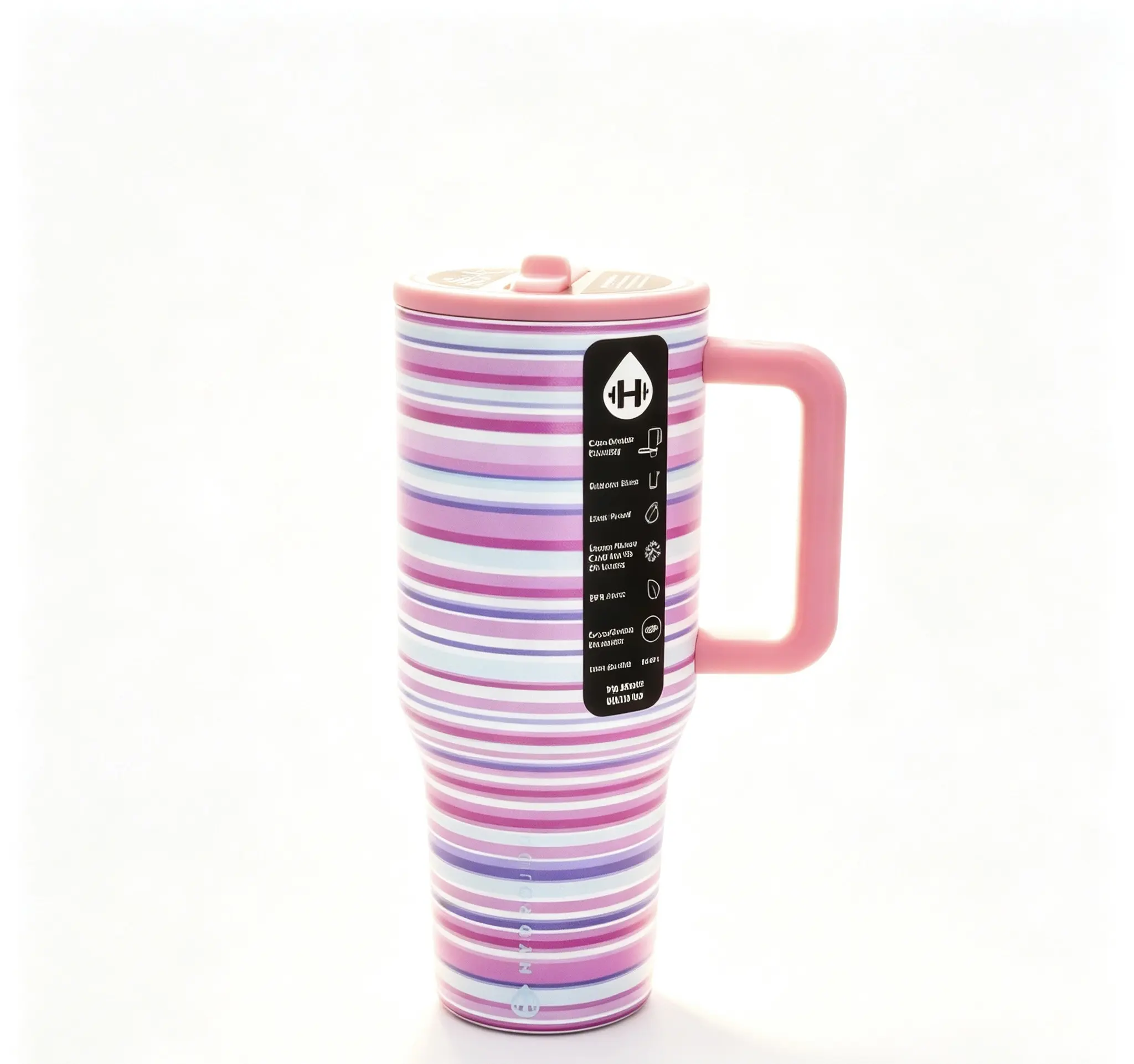 HydroJug 40oz Pink Striped Stainless Steel Tumbler, Leak-Proof Design, Matching Pink Straw Lid, Easy-Grip Handle, Up To 24 Hour Cold Retention, Portable Cup For Fitness, Office And Daily Commute