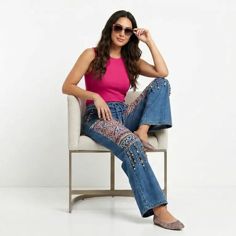 Women's Chain Print High-Waisted Barrel Jeans - Snatched Fit Streetwear Bottoms, Oversized Jogger Pants Statement Denim