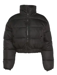 SHEEN Women's Winter Cropped Puffer Jacket Warm Full Zip Quilted Jacket Long Sleeve Padded Coats Stand Collar Outerwear