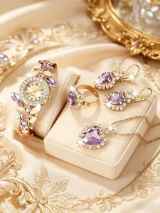 Women's Quartz Bracelet Watch Set with Heart Necklace Earrings Ring, Elegant Metal Case, Analog Display, Perfect Gift for Her, Elegant Jewelry Set