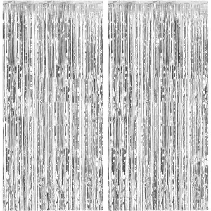 2 Pack Foil Curtain Backdrop Silver Metallic Tinsel Foil Fringe Curtains Photo Booth Props for Birthday Wedding Engagement Baby Shower Bachelorette Christmas Holiday Celebration Party Decorations K.E.J.