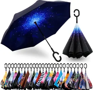 49/56 Inch Inverted Reverse Upside Down Umbrella, Extra Large Double Canopy Vented Windproof Waterproof Stick Golf Umbrellas with C-shape Handle.