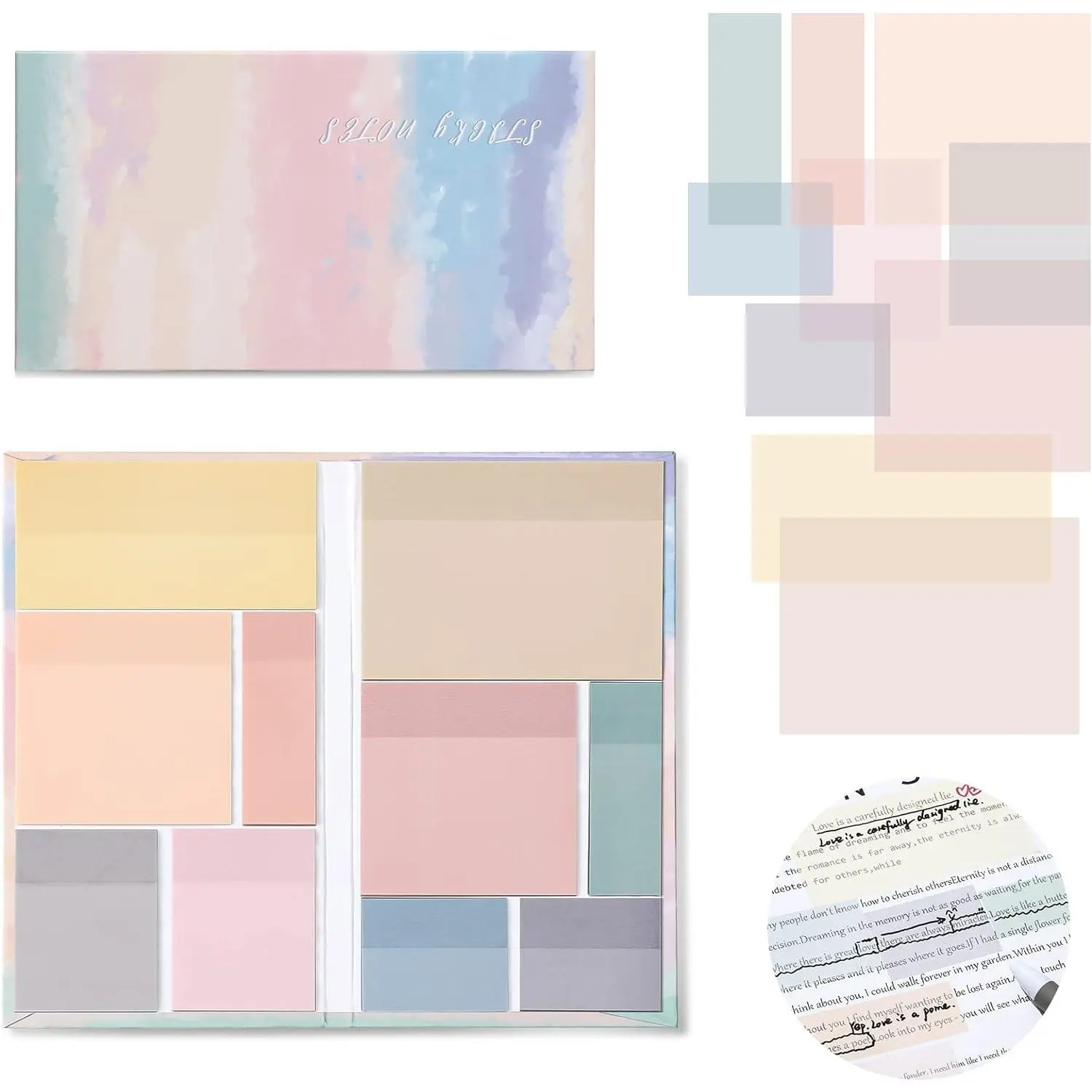 Transparent Sticky Notes Set, 6 Sizes Clear Sticky Notes Pads with 10 Colors, Waterproof Self-Stick Translucent Sticky Notes, See Through Sticky Notes for Bible Tabs, Book Tabs, Office, 500 Sheets
