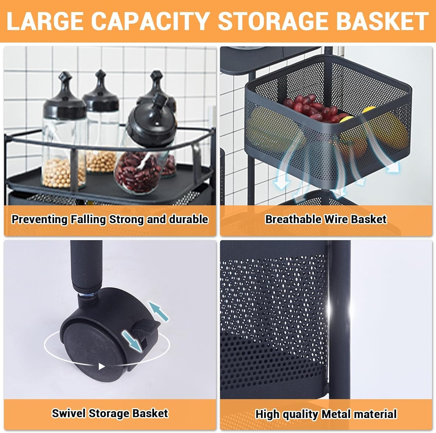 5 Tier Rotating Rolling Storage Cart with Top Lid & 360° Wheels, Metal Mesh Rolling Cart Organizer for Fruits Vegetables Groceries Potato Onion Corns, Kitchen Storage Cart No Assembly Black