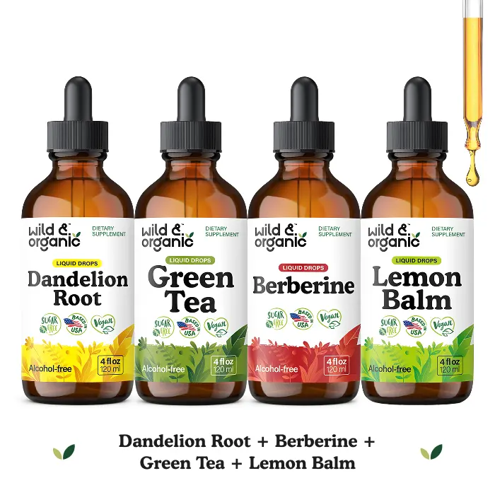 Wild & Organic Daily Vitality & Glow Bundle: Dandelion Root + Berberine + Green Tea + Lemon Balm, Vegan, Sugar & Alcohol-Free