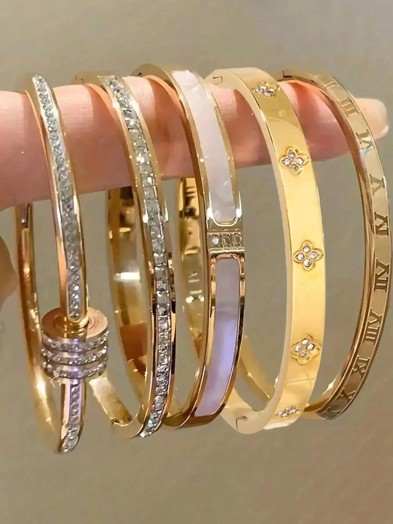 Tiny Jewels  Women's Unisex 5-Piece Bracelet Bundle - Elegant Classic Solid Metal Stainless Steel Jewelry Set for Casual Daily Wear & Special Occasions, Bracelet Classic Design, Non Tarnish Jewelry, Bangle