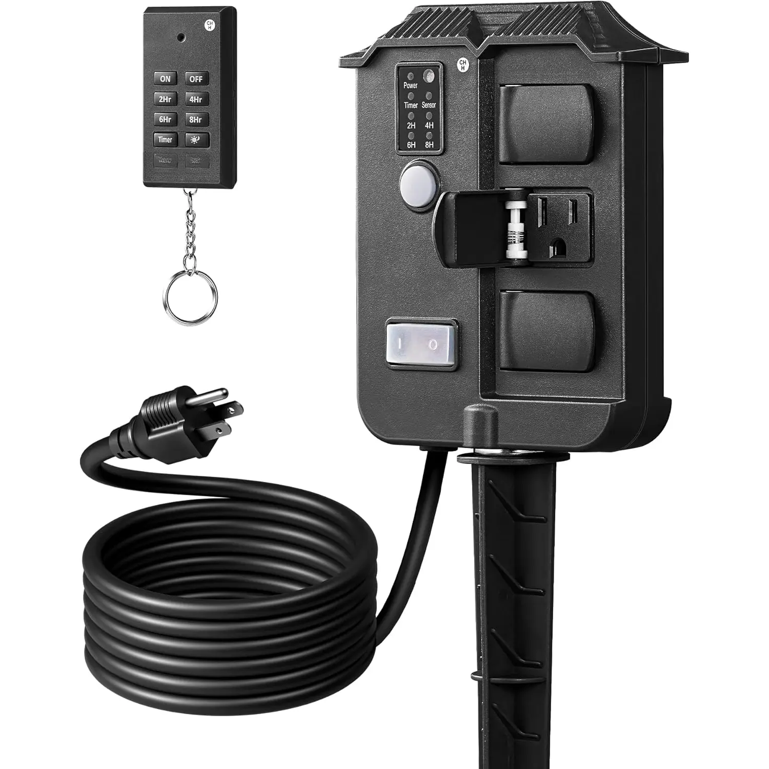 Outdoor Power Stake Timer , 100FT  Remote Control, 6 Grounded Outlets, 6FT Extension Cord, Photocell Dusk to  Outdoor Timer for Lights, Yard, Garden, UL Listed