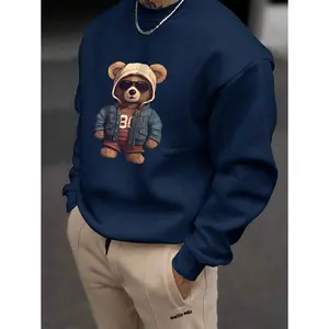 Men's Fashionable Creative Bear Print Long Sleeve Round Neck Loose Sweatshirt, Casual Commuting Versatile Design, For Fall