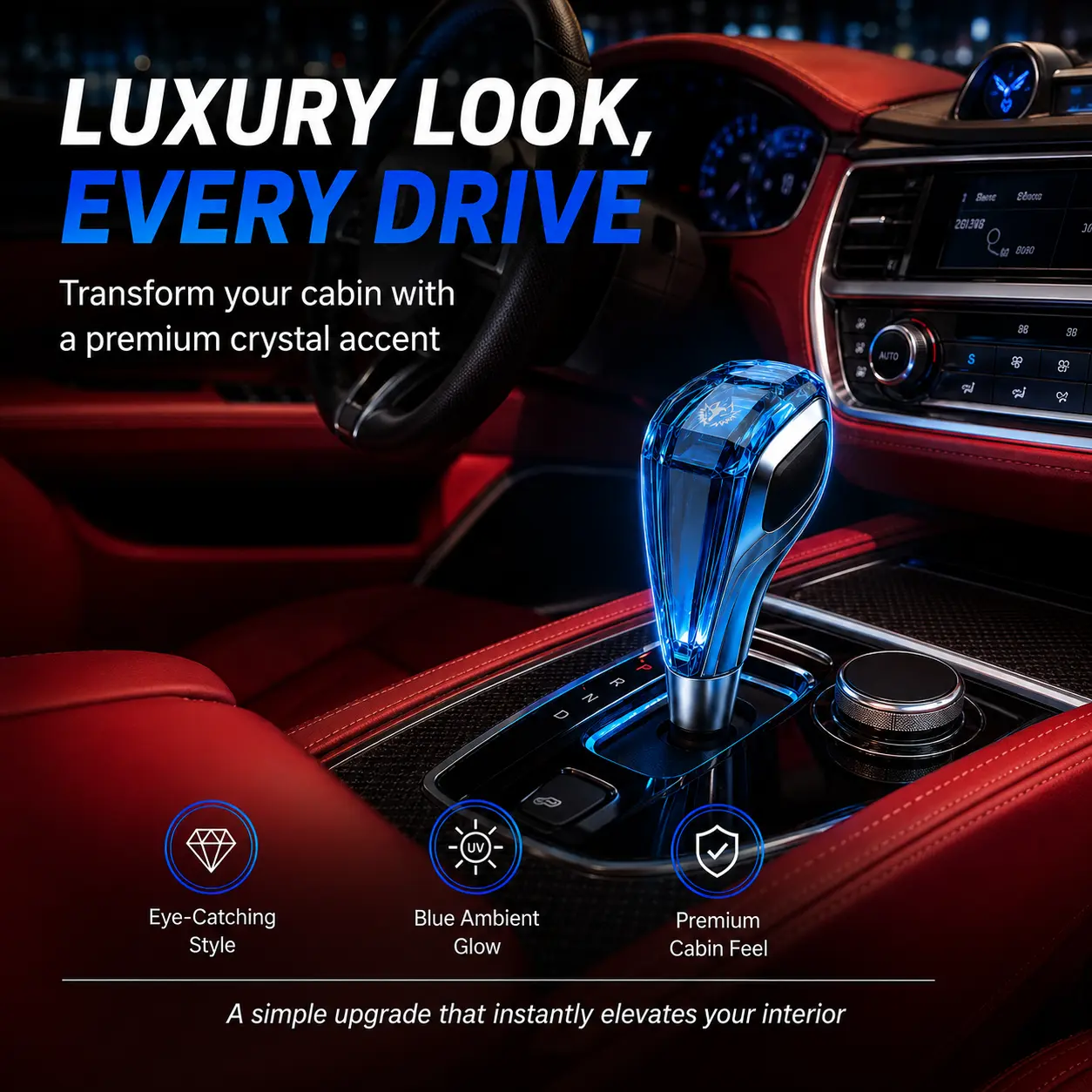 7-Color RGB LED Crystal Gear Shift Knob, Touch-Activated Diamond-Cut Shifter Handle for Most Automatic Cars, Interior Ambient Light Accessory