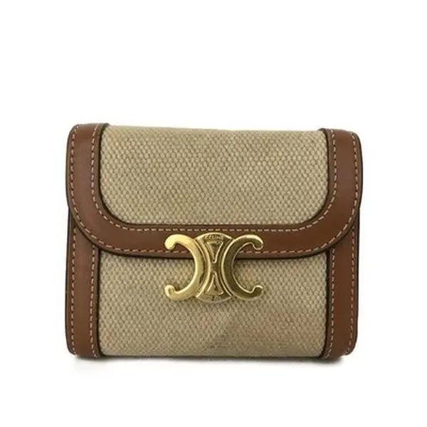 Pre-owned Celine Other Other Triomphe Canvas Leather Bifold Trifold Wallet Beige/6CF0297 12452064532/565307