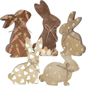 5-Pack Rustic Wooden Easter Bunny Signs, Multi-Purpose Layered Tray Decor, Table Centerpieces for Office, Classroom, Parties, Indoor & Outdoor Events, No Text, No Battery Needed Colorful