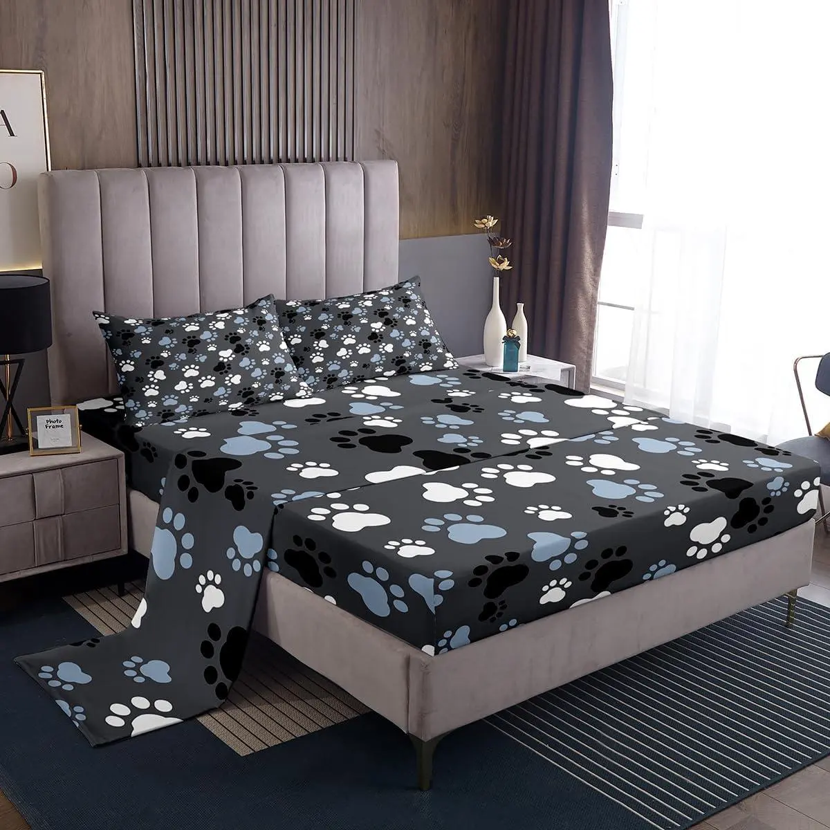 Kawaii Dog Sheets - ' Blue & Grey Animal Print Bed Sheets Set (4Pcs) with Deep Pocket Fitted Sheet