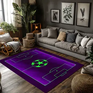 Purple Green Neon Soccer Field Crystal Velvet Area Rug Non‑Slip Sports Modern Living Room Rug#NeonSoccerFieldRug #SportsHomeDecor #PurpleGreenSoccerRug #FootballThemedCarpet #CrystalVelvetRug