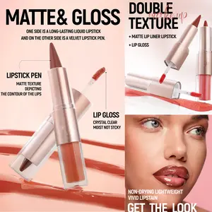 Lip Gloss + Lip Liner - Matte Lip Liner Lip gloss Kit - Shape Your Lips with 3D Accuracy, Long-Lasting Non-Tacky Water Gloss End, Ideal for Any Makeup Look, Great for girl‘s Presents