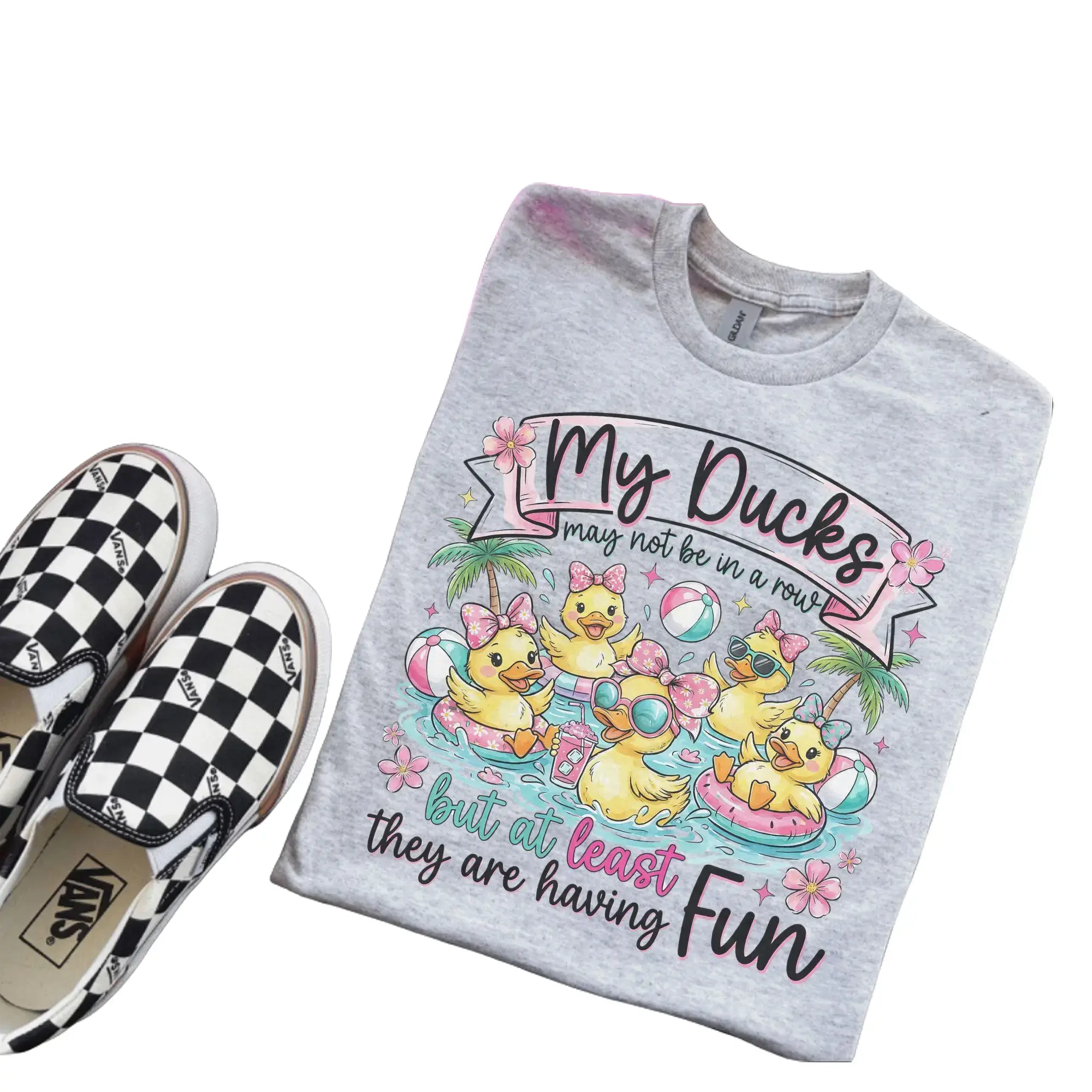 My Ducks May Not Be In A Row But At Least They Are Having Fun Bleached Shirt Comfy Unisex Jersey Top Casual Vintage Style Short Sleeve Crew Neck Medium Length
