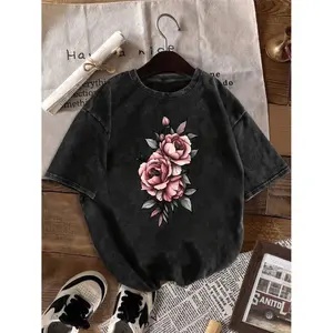 Washed T-shirtPlus Size Women's Vintage Washed T-Shirt- Soft Pink Floral Pattern, Loose Round Neck Design