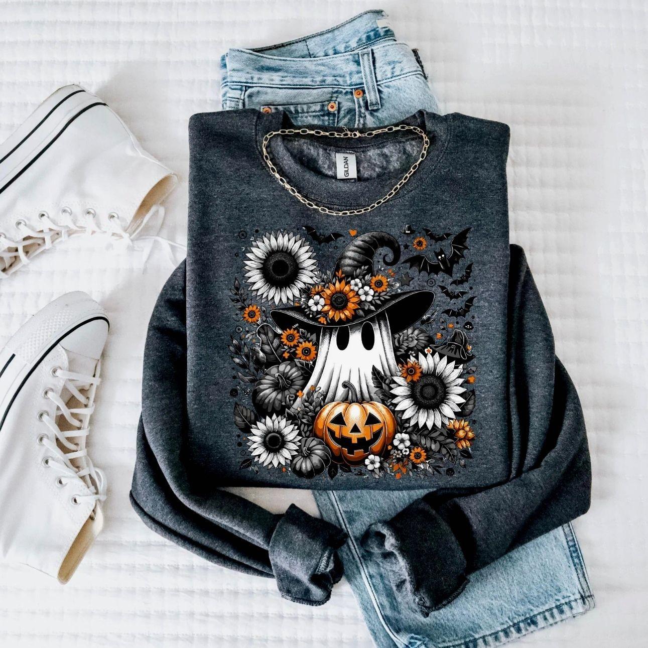 Floral Ghost Sweatshirt, Cute Witch Ghost with Flowers Sweatshirt, Gothic Halloween Sweatshirt, Pumpkin and Bats Spooky Season Sweatshirt, Cozy Fall Gift for Women & Men