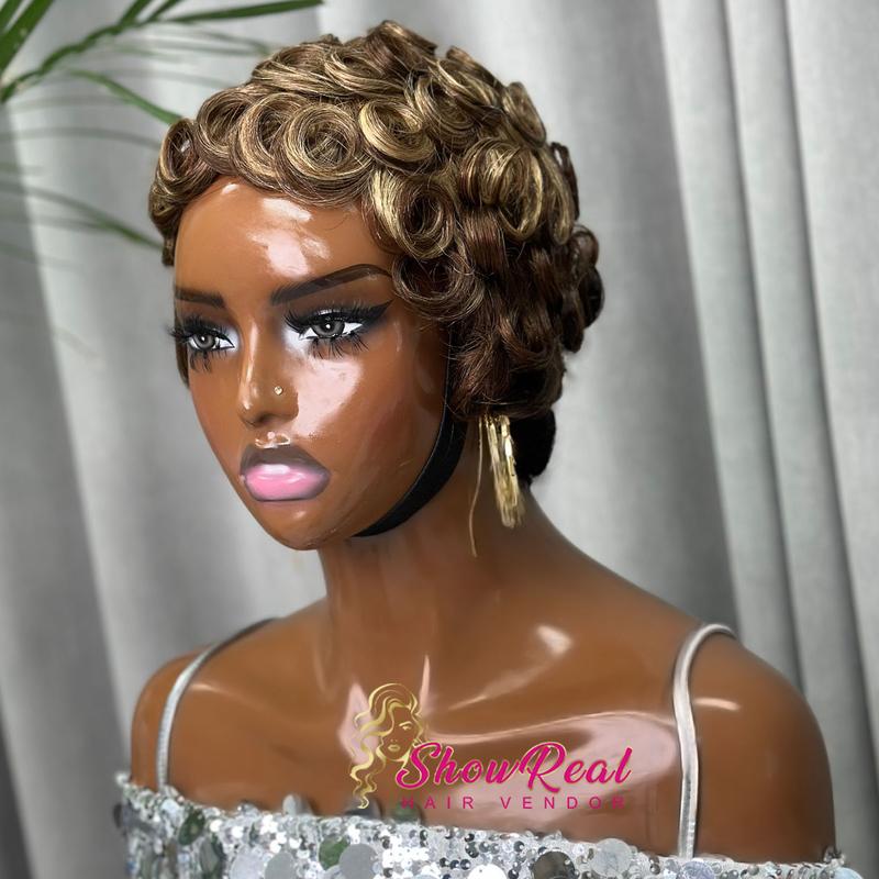 ShowRealHair 025 Pixie Cut Wig for Black Women Pin Curls Short Bomb Curly Wigs Brazilian Virgin Human Hair Short Curly Pixie Wigs Pixie Cut Layered Wig Natural Black Short Wigs for Black Women Short Glueless Wig