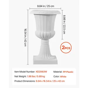 VEVOR Plastic Urn Planters, 9.8x 16.5 Inch, 2 Pack White Classic Flower Pots Front Porch Planters, Indoor Outdoor Vase for Wedding, Party, Event, Home, Stage, Garden, Balcony, Patio Decoration