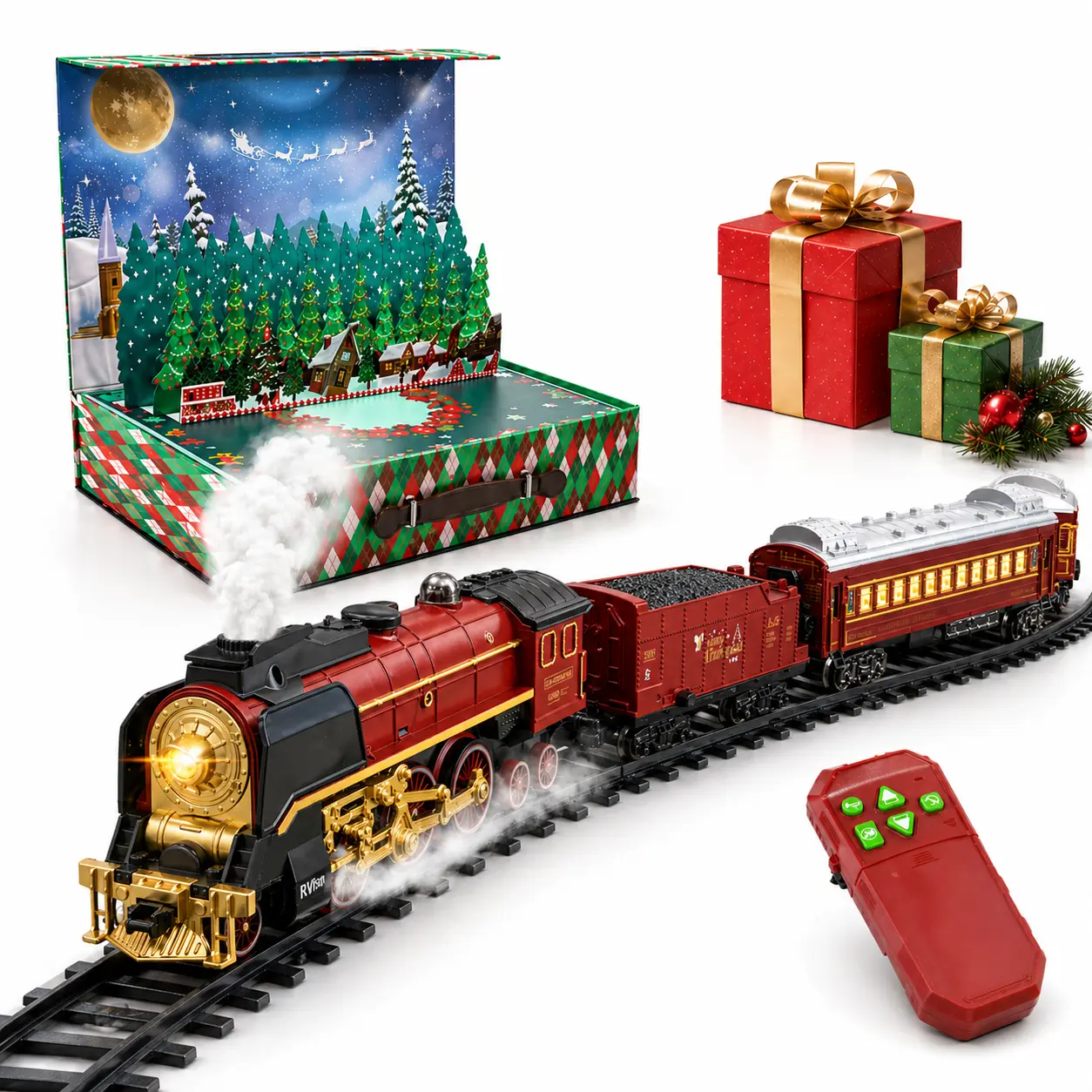 Christmas Steam Train Gift Set with Remote Control, Lighted Railway Toy with Mist, Sound & Premium Gift Box Option