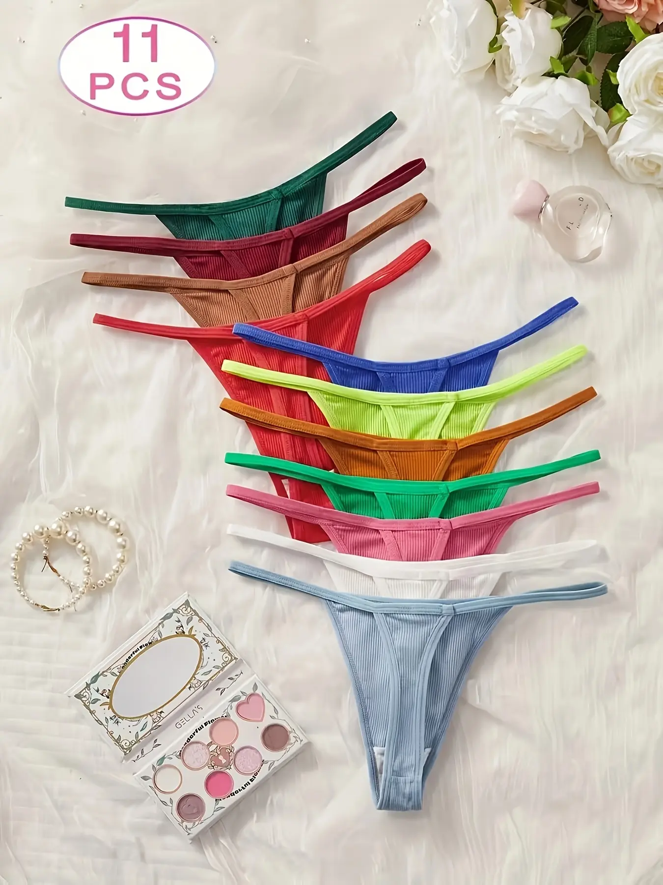 11pcs, Daily Casual Elegant And Sexy Low Waisted Slim Thong, Pure Color Simplicity, Daily Commuting In Spring, Summer, Autumn And Winter, Sweet Sports Style, Ribbed Fabric, Breathable And Comfortable Women's Underwear, Holiday/birthday Gifts