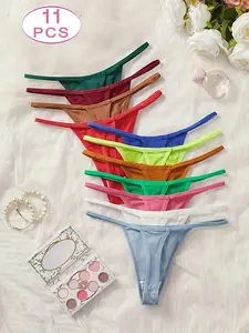 11pcs, Daily Casual Elegant And Sexy Low Waisted Slim Thong, Pure Color Simplicity, Daily Commuting In Spring, Summer, Autumn And Winter, Sweet Sports Style, Ribbed Fabric, Breathable And Comfortable Women's Underwear, Holiday/birthday Gifts