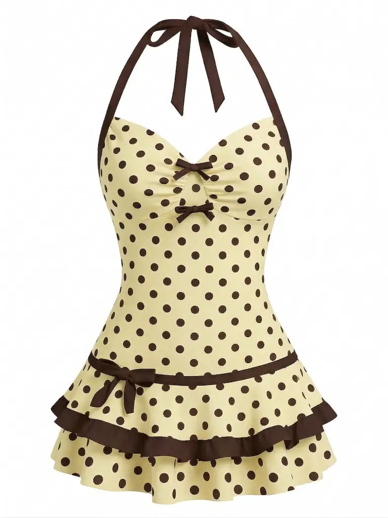 Yellow & Brown 1940s Polka Dot Halter Bow One-Piece Swimdress Vintage Swimsuit Fashion Swimwear BackToSchool