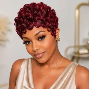 Trendy Short Pixie Curly Wig Human Hair for Black Women, Finger Wave Curl Style, Natural Looking Lightweight Wig, Soft Comfortable Cap, Ready To Wear Glueless Hairpiece, Daily Fashion Wig for Work, Party, Travel and Everyday Styling