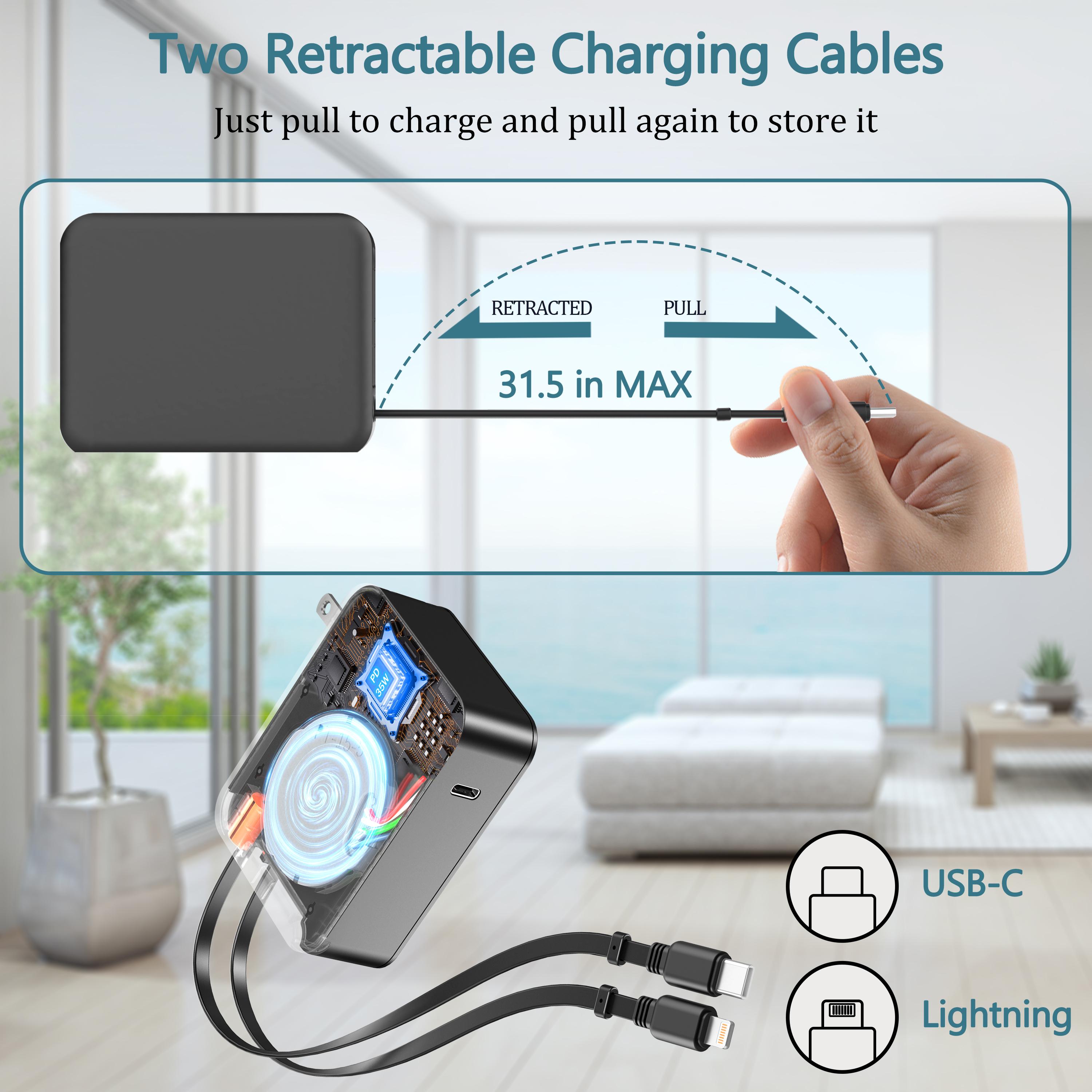 35W Retractable Wall Charger with Dual Charging Cables & 3-Port USB Hub, Fast Charging for iPhone, iPad, Tablets, Samsung, LG & More