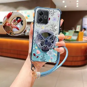 Redmi 13 4G Fashion Series Diamond Strap Lanyard Phone Holder Case For Compatible With Xiaomi Redmi 13 4G Transparent Glitter Shiny Cover and Impact Resistant Colorful Cartoon Flower Branches Protector Cases