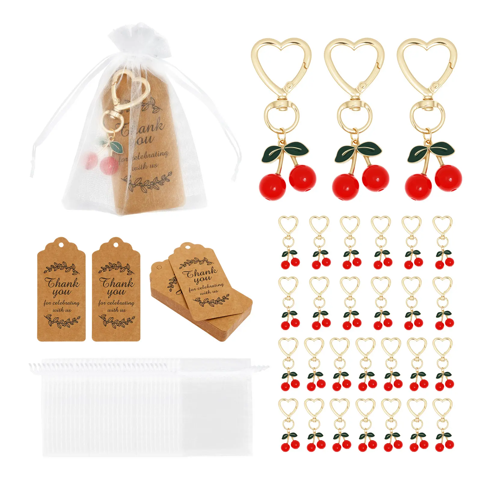 30 Pcs Exquisite Cherry Keychain Alloy and Resin Cherry Keyring with 30 Thank You Cards and Mesh Bags for Wedding Birthday Party Holiday, Summervibes