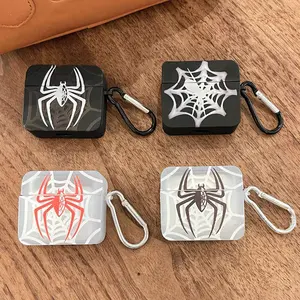 Spider Web Pattern Square Case for AirPods 4/3/Pro 2/Pro/1/2, Cool Spider Bluetooth Earphone Protective Cover with Carabiner