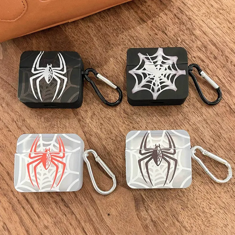 Trend Soft Shockproof Silicone Square Shape Spider Web Pattern Protective Case with Cutouts for AirPods 1/2/3/4/Pro/Pro 2, Audio Earphone Cover with Carabiner
