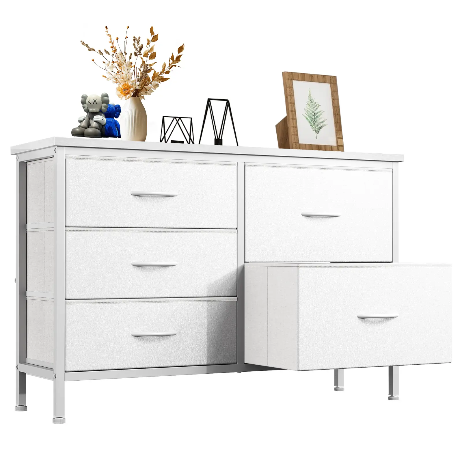 5-Drawer Steel Frame Dresser - White Furniture Fabric Bedroom Dresser with Metal Frame, Home Decor Organizer Storage Unit for Living Room TV Stand, Bedroom Clothes Storage, Drawer Chest, Slide Out Drawers