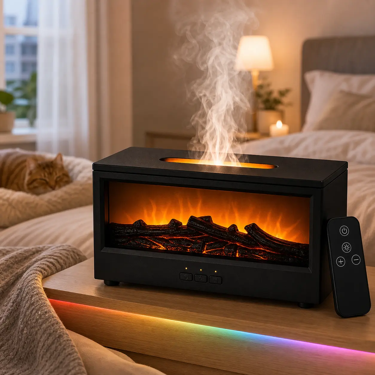 USB-C Cool Mist Humidifier & Essential Diffuser Machine, Home Desktop USB Humidifier with Remote Timer, 7-Color LED Lights, Pet-Friendly for Renters' Daily Room Anxiety Relief