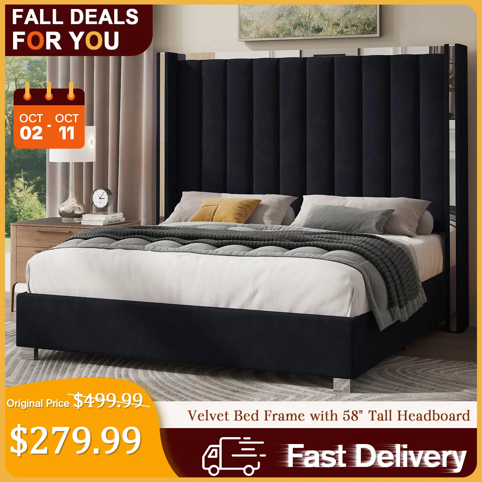 [TikTokShopfalldealsforyou] AMERLIFE Modern Bed Frame with 58" Tall Headboard, Velvet Upholstered Platform Bed with Channel Tufted Wingback Headboard