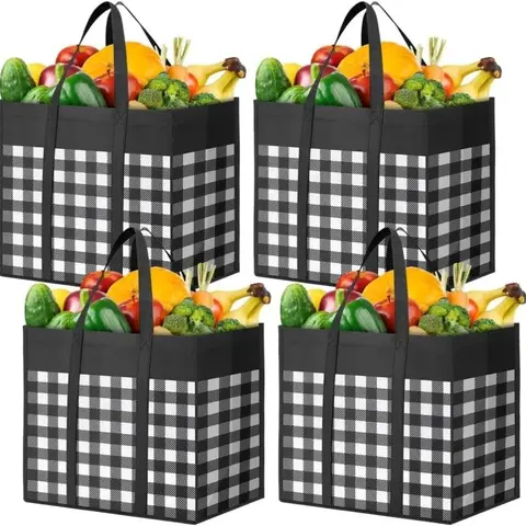 Reusable Grocery Bags,4-Pack, Foldable Reusable Shopping Tote Bags bulk with Reinforced Handles,Large Storage Bags with Water Resistant Coating for Groceries,Multipurpose,Black-White
