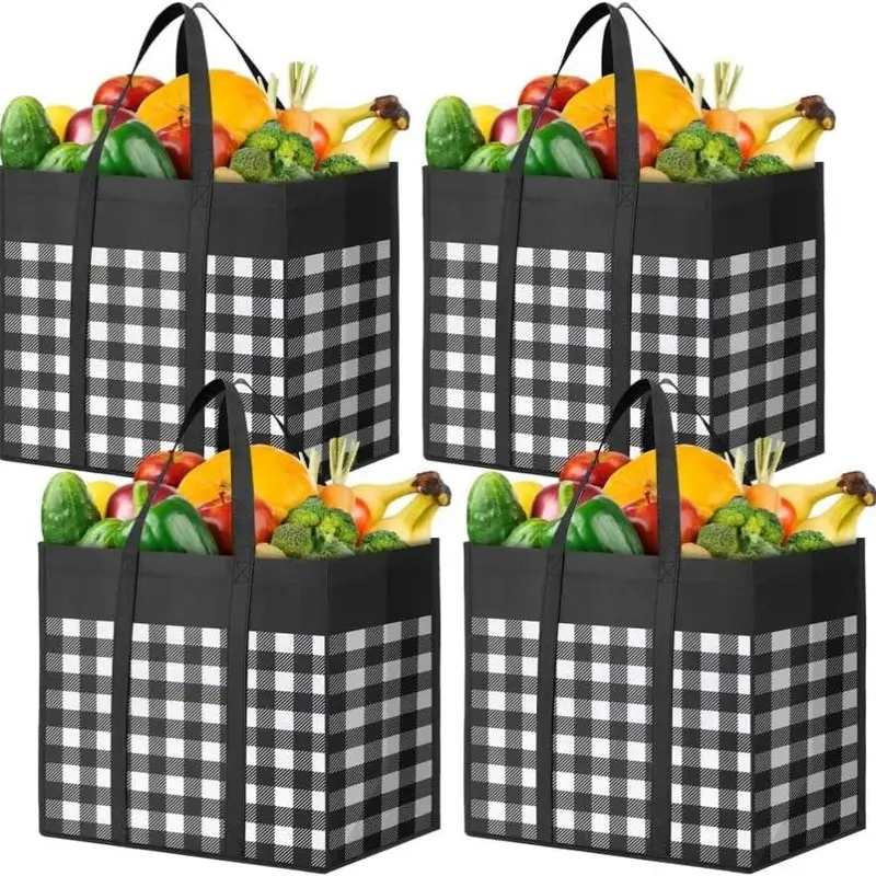 Reusable Grocery Bags,4-Pack, Foldable Reusable Shopping Tote Bags bulk with Reinforced Handles,Large Storage Bags with Water Resistant Coating for Groceries,Multipurpose,Black-White
