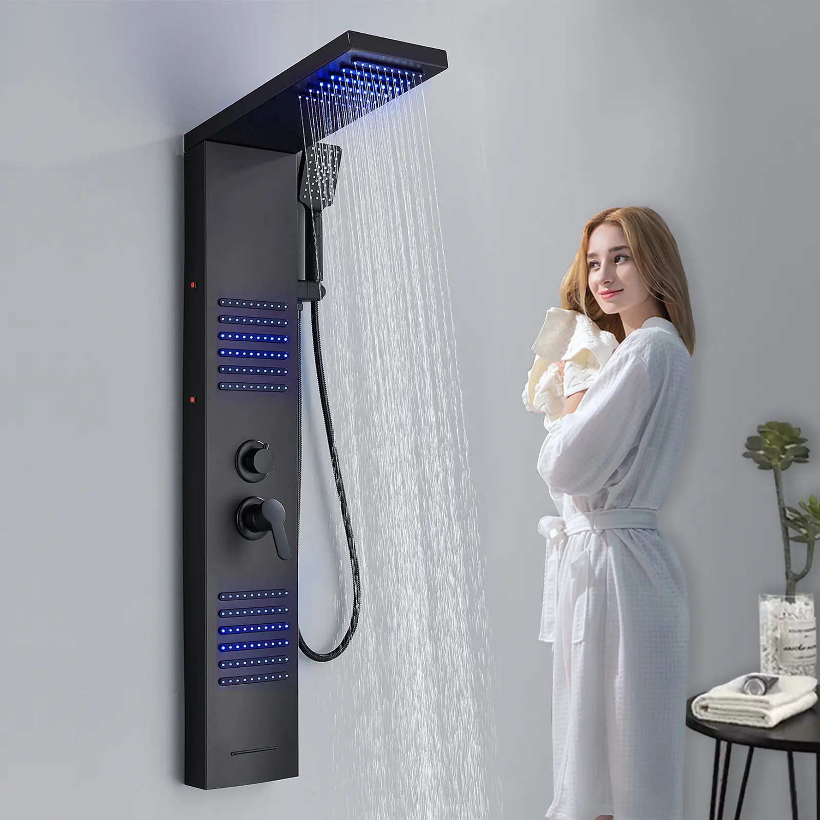 Black Stainless Steel Shower Panel Tower System,LED Rainfall Shower Head Combo,4-Function Shower Column Faucet Rain Massage Body Jets System Wall Mount